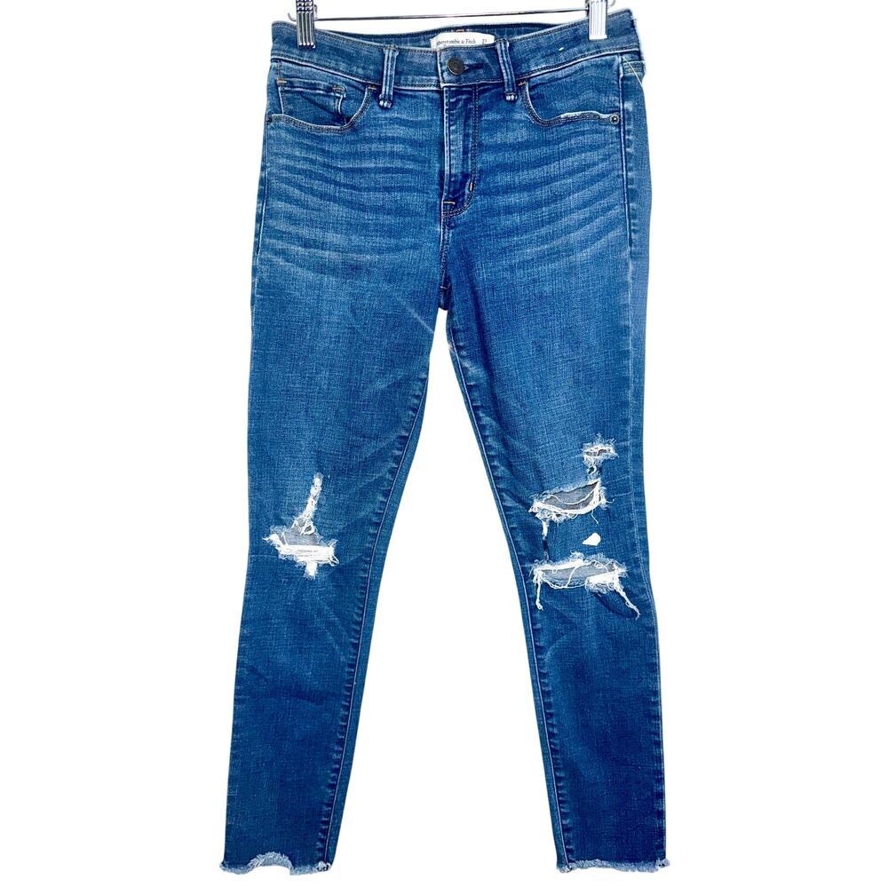 Abercrombie & Fitch Super Skinny Mid Rise Blue Denim Distressed Jeans Size 27 4